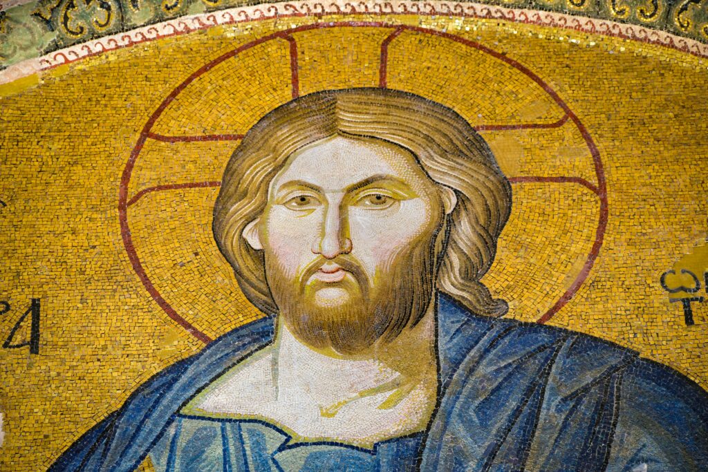 Close-up of a Byzantine mosaic of Jesus Christ in Istanbul, rich with historical and religious significance.